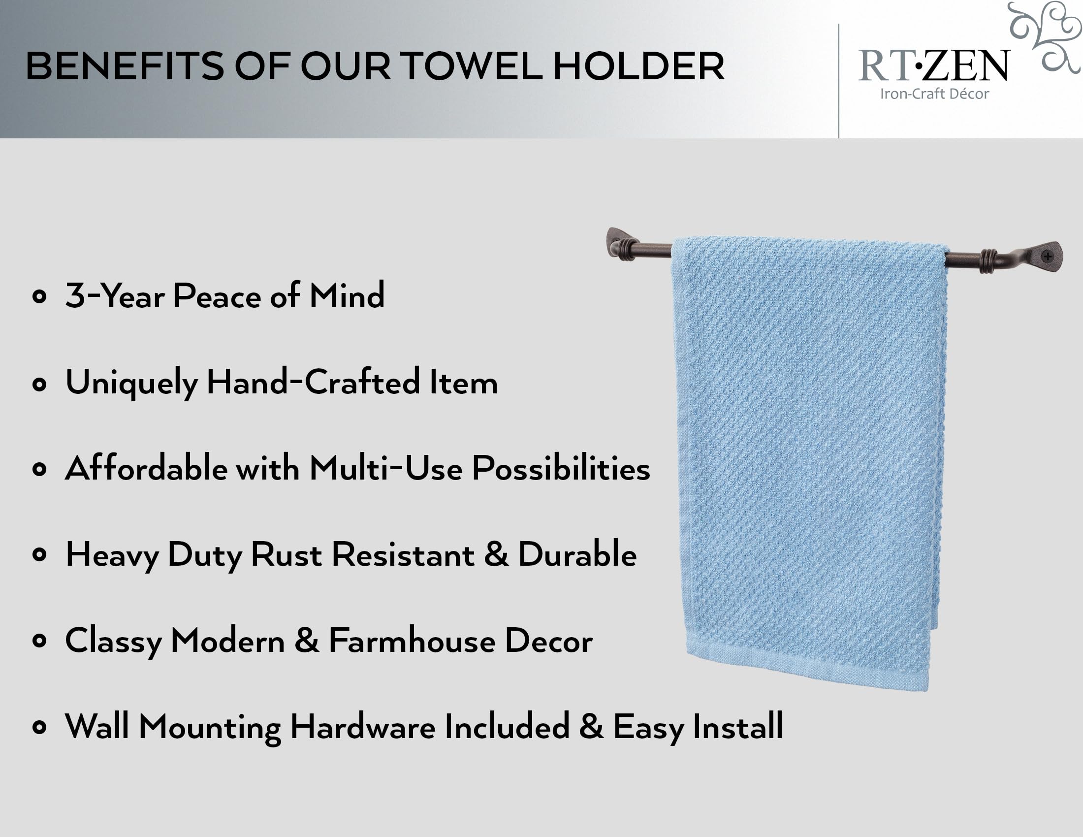 Rtzen Matte Black Hand Towel Holder For Bathroom - Handcrafted Farmhouse Wrought Iron Kitchen Towel Bar - Hand Towel Bar Hanger